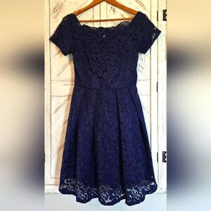 Miss May Navy Blue Lace Fit & Flare Dress Size M Cocktail Wedding Guest